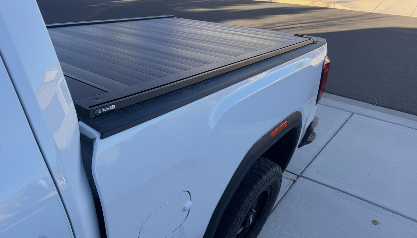 White GMC truck with Retrax retractable bed cover installed in Utah